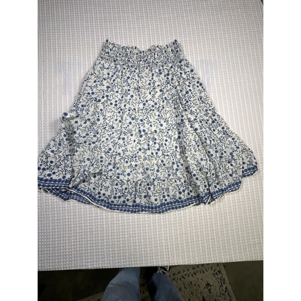 Floral Tiered Mini Skirt Blue White Cottagecore Boho Smocked Waist Cute size L - Picture 5 of 6
